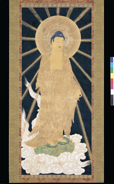 Amitabha (Amida) Triad Descending From Heaven (pigment på konshi (blåt rispapir)) af Unknown artist