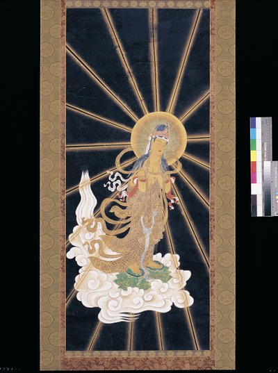 Amitabha (Amida) Triad Descending From Heaven (pigment på konshi (blåt rispapir)) af Unknown artist