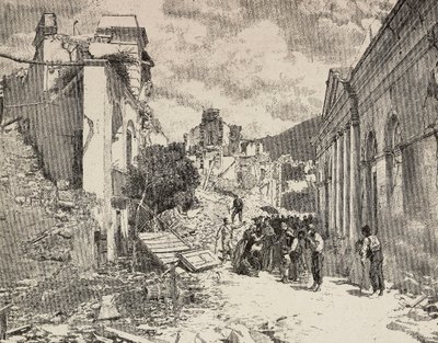 Blandt ruinerne efter jordskælvet i badebyen Balliazzi, Italien af Unknown artist