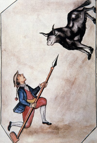 En indianer, der peger fra sit spyd til en tyr, fra bogen "Trujillo of the Peru" eller "Codex Martinez Companion", af Baltazar Martinez Companion og Bujanda, biskop af Trujillo (1782-1785) af Unknown artist