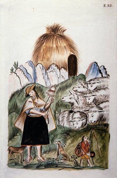 En indisk hyrdinde nær sin hytte med sin flok, fra bogen "Trujillo del Peru" eller "Codex Martinez Companion", af Baltazar Martinez Companion og Bujanda, biskop af Trujillo (1782-1785) af Unknown artist