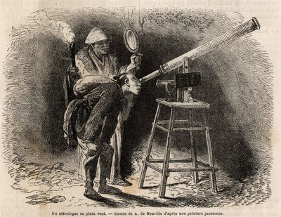 En astrolog afsøger himlen i det fri ved hjælp af sit teleskop. Indgravering til illustration af rejsen til Japan i 1863-1864 af Aime Humbert, minister for Det Schweiziske Forbund, i "Le tour du monde, nouveau journal des voyages"" udgivet under dir. af Unknown artist