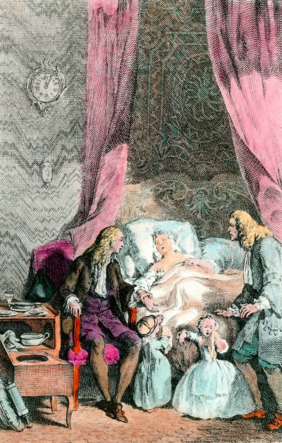 En observatørlæge En kvinde, der er syg eller allerede død, er omgivet af sin familie og lægen. Børnene er i tårer. Stik omkring 1780. Paris, Medicineakademiet af Unknown artist