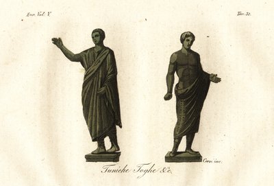 Gamle etruskiske statuer, der viser mænd iført toga, tunika, calzari (sko) osv. af Unknown artist