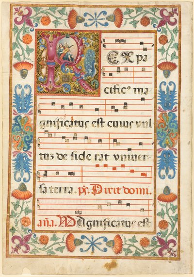 Engel, der spiller på et instrument i et dekoreret initial "R" med flora, fauna og grotesker, fra en antifonal af Unknown artist