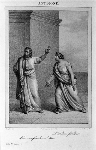 Antigone Act 4, scene 5. Italiensk tragedie af Vittorio Alfieri skrevet i 1783 efter græsk mytologi. Stik af det 18. århundrede. af Unknown artist