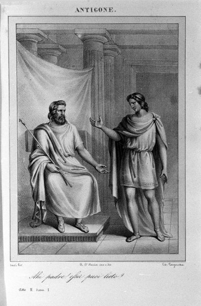 Antigone Akt II, scene 1. Italiensk tragedie af Vittorio Alfieri skrevet i 1783 efter græsk mytologi. Stik af det 18. århundrede. af Unknown artist