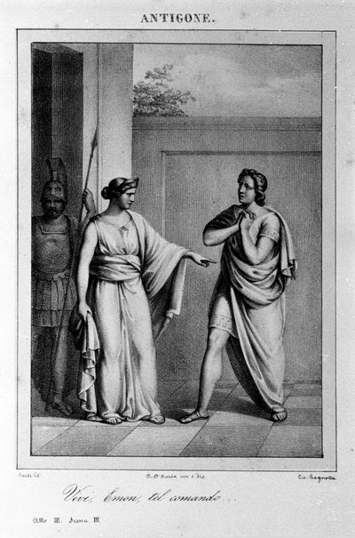 Antigone Act I, scene 3. Italiensk tragedie af Vittorio Alfieri skrevet i 1783 efter græsk mytologi. Indgravering af det 18. århundrede. af Unknown artist