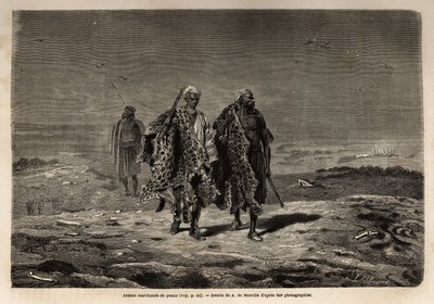 Arabiske beduiner, panterskind og fåreuldshandlere på vej til Bagdads march (Irak). Indgravering til illustration af turen til Babylon i 1866 af Guillaume Lejean i "Le tour du monde, nouveau journal des voyages"" udgivet under dire af Unknown artist