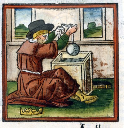 Arkimedes bestemmer vægten af Hierons krone ved nedsænkning i vand (oplevelse af skub) - gravering af Unknown artist