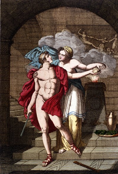 Arianne giver Theseus tråden, så han kan komme ud af labyrinten - i Dizionario mitologico af Unknown artist