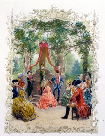 Aristokratisk ceremoni i en have (slottet i Versailles?) i "" En kvalitetskvinde i det sidste århundrede"" 1778 af Unknown artist