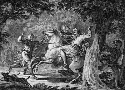 Mordet på Childeric II, 675: Frankernes konge (ca. 653-675) blev dræbt i skoven Lognes af Bodillon, en herre, som han havde pisket. Stik af det 18. århundrede. af Unknown artist