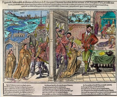 Mordet på kongen af Frankrig Henri III (1551-1589) af Jacques Clement (1567-1589), en dominikansk religiøs tilhænger af Den Katolske Liga, den 1. august af Unknown artist