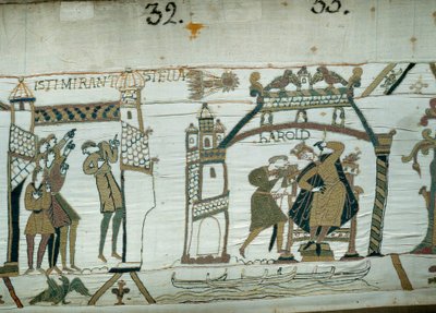 Astrologer rapporterer, at kometen (Halley) dukkede op, hvilket presser af ulykke for Harold, knapt kronet konge af England. Detalje af Bayeux-tapetet eller Broderi af Dronning Mathilde af Unknown artist