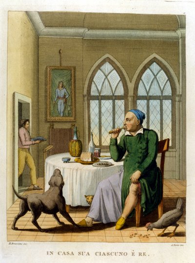 "Herhjemme er alle konge." Illustration fra en samling af ordsprog fra det 18. århundrede af Unknown artist