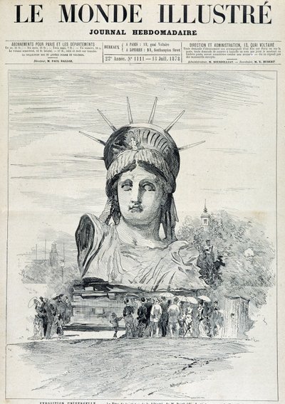 Ved verdensudstillingen i 1878: lederen af Frihedsgudinden af hr. Bartholdi, bestemt til havnen i New York - i "" The Illustrated World"" af 13/07/1878 af Unknown artist