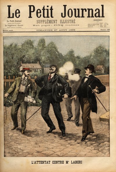 Angreb på hr. Fernand Labori (1860-1917), en advokat i forsvaret af Alfred Dreyfus (1859-1935), ramte med en kugle i ryggen i Rennes, da han var på vej til det sted, hvor sagen blev dømt. Indgravering i "" Le petit journal"" 27/8/1899. Selva Coll af Unknown artist