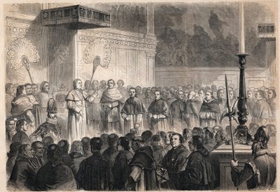 Audiens holdt af pave Pius IX (Pio) (1792-1878) til udenlandske gejstlige i Det Sixtinske Kapel (cappella sistina) i Rom i anledning af fejringen af kanoniseringen af de 26 "martyrer af Japan", en gruppe katolikker korsfæstet i Japan i 1597 af Unknown artist