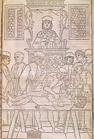 Obduktion. Codice. Liget af en død mand dissekeres af læger til en anatomiundersøgelse. “” Fasciculus Medicinae””. Codex af en læges fascicle af Johannes Kethan af Unknown artist