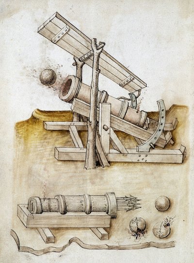 Kuglepistol og pilepistol - Manuskript: pergamentark af en ingeniørmanual til opførelse af civile, religiøse og militære bygninger, anonym, slutningen af det 15. århundrede (figur med kinesisk blæk) af Unknown artist