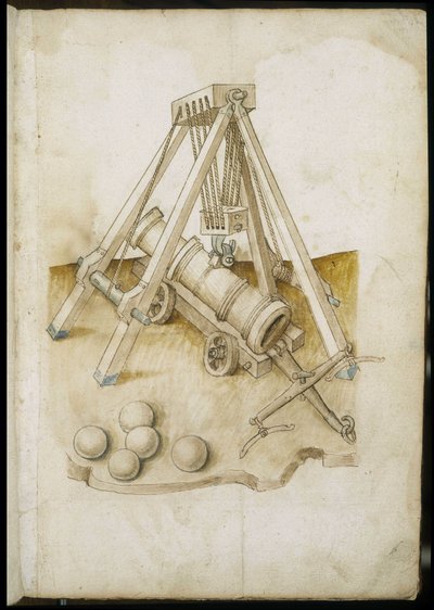 Kuglepistol og elevator - Manuskript: pergamentark af en ingeniørmanual til opførelse af civile, religiøse og militære bygninger, anonym, slutningen af det 15. århundrede (figur med kinesisk blæk) af Unknown artist