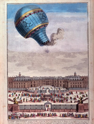 Ballonflyvning: oplevelse af brødrene Montgolfier foran slottet i Versailles i september 1783. Indgravering af det 18. århundrede. Paris, B.N. af Unknown artist