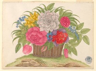 Kurv med blomster og blade på jorden af Unknown artist