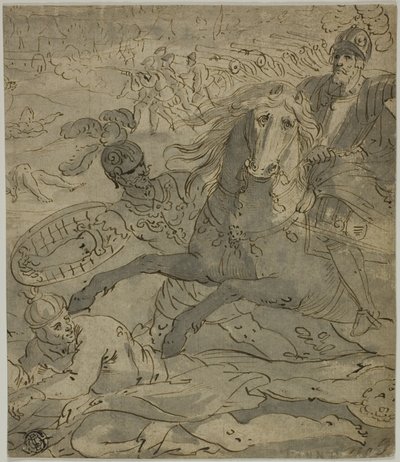 Kampscene med opladningsgeneral til hest i forgrunden, artilleri og kanoner i baggrunden af Unknown artist