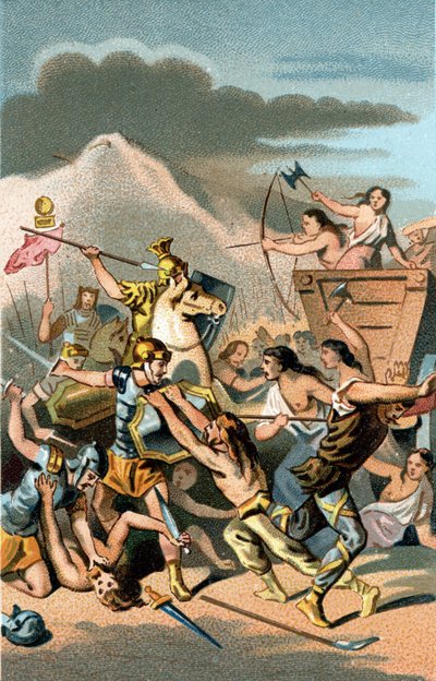 Slaget ved Aix: Invasion af Cimbres og germanere fra 110 til 102 f.Kr. Teutonerne blev besejret af Caius Marius, den kloge, romerske konsul. af Unknown artist