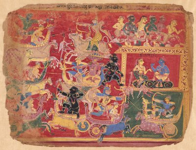 Slaget mellem Krishnas og Banas styrker, fra en kopi af den spredte Bhagavat Purana af Unknown artist