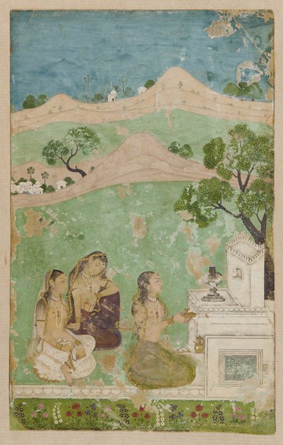 Bhairavi Ragini (en musikalsk tilstand): tre figurer før en helligdom af Unknown artist