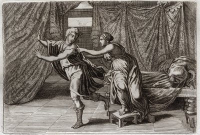 Bibelen fra Royaumont, Det Gamle Testamente: Josephs kyskhed. Josef blev anmodet af Putifars hustru (Potifar) og sat i fængsel. Illustration fra 1811. af Unknown artist