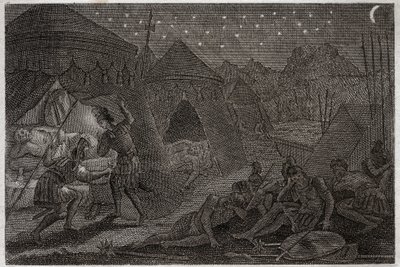Bible of Royaumont, Det Gamle Testamente: David redder Saul. David har Saul i sine hænder, men han gør ham ikke ondt. Han tager bare spydet og sin kop. Illustration fra 1811. af Unknown artist