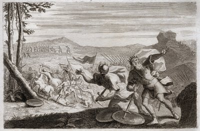 Bible of Royaumont, Gamle Testamente: Sauls nederlag. Sauls hær blev besejret af filistrene. Hans tre børn blev dræbt der, og efter at være blevet hårdt såret i kamp, dræbte han sig selv. Illustration fra 1811. af Unknown artist