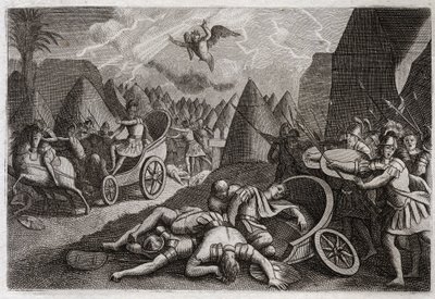 Bible of Royaumont, Gamle Testamente: Sankeribs nederlag. Gud besejrede Sankeribs (Sankerib) hær til fordel for kong Ezekias ved en engel, som dræbte hundrede og femogfirs tusinde mænd på en nat. Illustration fra 1811. af Unknown artist