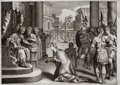 Bible of Royaumont, Det Gamle Testamente: Amans straf. Assuerus I (Xerxes I) hænger Aman (Haman) fra galgen, han havde gjort klar til Mardochee (eller Mordekhai eller Mordokaj), og trækker Dødsredigeringen tilbage, som han havde udgivet i hele sit rige mod af Unknown artist