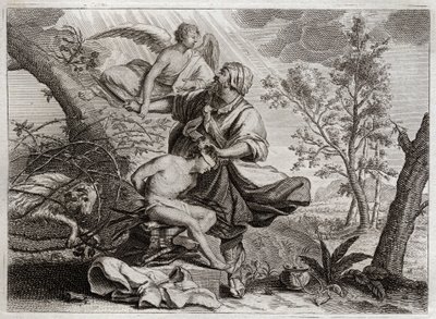Bible of Royaumont, Gamle Testamente: Abrahams offer. En engel holder Abrahams hånd før hans søn Isaks ofring. Til venstre vil den belier Abraham dræbe i stedet. Illustration fra 1811. af Unknown artist