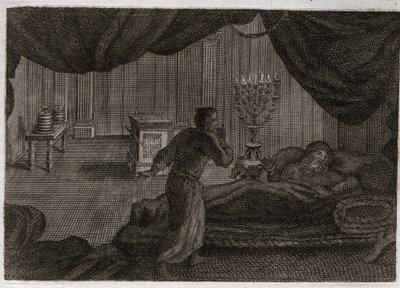 Bible of Royaumont, Gamle Testamente: Samuel giver Heli. Anne (Hannah) helligede lille Samuel til Herren og gav den til ypperstepræsten Heli. Samuel, som hører Herrens stemme kalde på ham midt om natten, tror, at dette er hans mentor, c. af Unknown artist