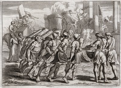 Bible of Royaumont, Gamle Testamente: Taget fra Jeriko. Jerikos mure falder til jorden til lyden af trompeterne fra de præster, der gik forud for Herrens pagtsark. Illustration fra 1811. af Unknown artist