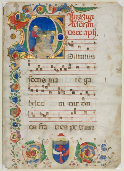 Bifolium udskåret fra et antifonarium: Indledende D[ominus Iesus] med Peters og Andreas kald af Unknown artist
