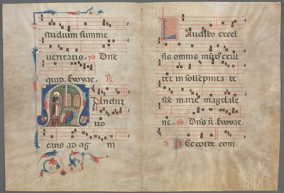 Bifolium fra et antifonarium: Initial M med Saint Dominic Preaching and Music af Unknown artist