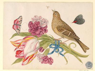 Fugl med tulipan, nelliker, sommerfugle og insekt af Unknown artist