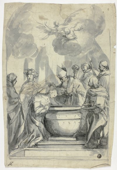 Biskop salver kvindelig helgen af Unknown artist