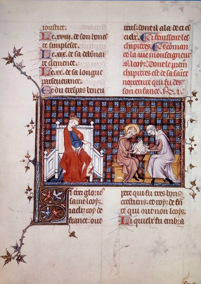 Blanche de Castille, dronning af Frankrig (1188-1252), leder uddannelsen af sin søn Louis IX (1214-1270) (Saint Louis Miniature fra et manuskript "Life and Miracles of Saint Louis" af William af Saint Pathus. 1320. Paris , B.N. af Unknown artist