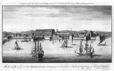 Bombay, Englands East India Companys havn på Malabarkysten i Indien, med Company handelsskibe i forgrunden og kajens pakhuse og bygninger bagved. Kobberstik, London af Unknown artist