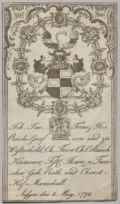 Bogplade: Johan. Jac. Franz-Joseph, Reichs-Graf von Westerhold af Unknown artist