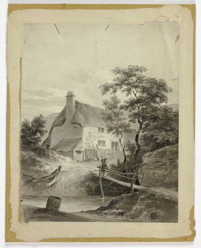 Dreng på broen uden for et sommerhus af Unknown artist