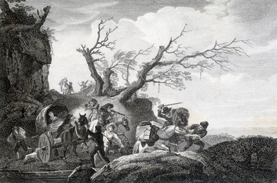 Brigander angriber rejsende på en landevej. Indgravering af en anonym fra det 18. århundrede. af Unknown artist