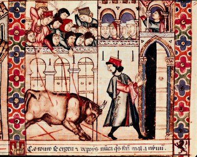 Tyrefægtning: Tyren dræber i arenaen under de traditionelle fester i Plasenza (Plasencia) i Spanien, sang 144. Miniature fra Sankt Marias salme af Unknown artist